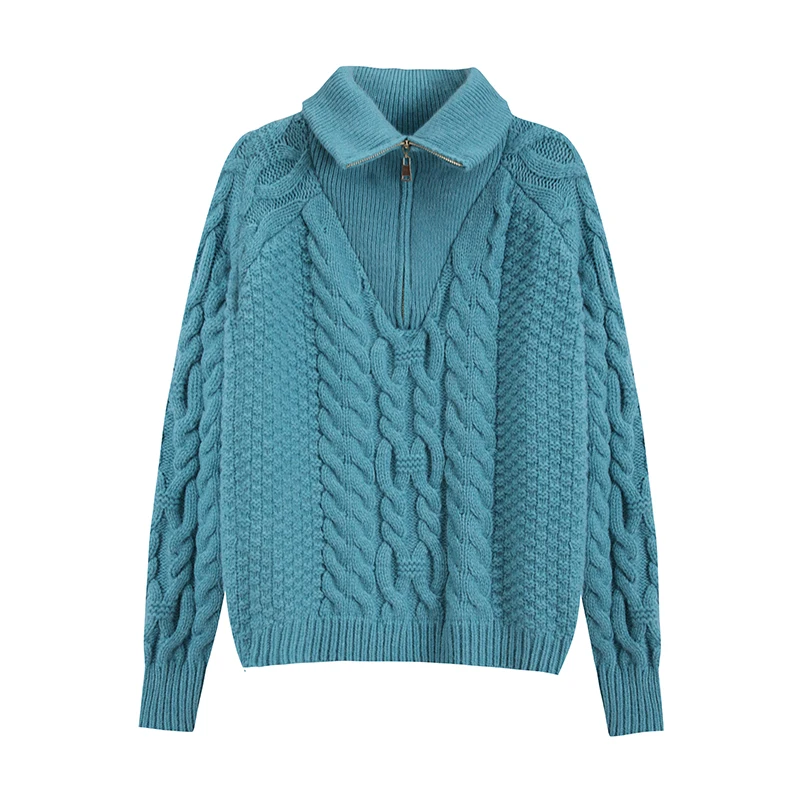 

Korean Style Short Version Long Sleeve Solid Color Casual Loose Zipper Sweater Office Lady Winter Fall Turtleneck Twist Knitwear