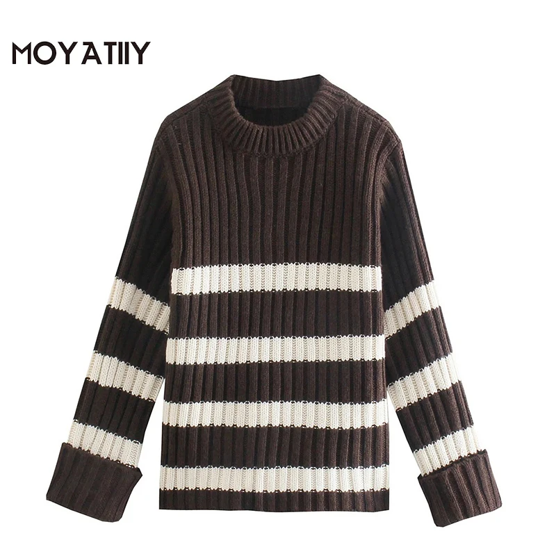 

MOYATIIY Women 2022 Fashion Thick Warm Winter Sweater Vintage Striped Patchwork Kintted Pullovers Long Sleeve Female Tops