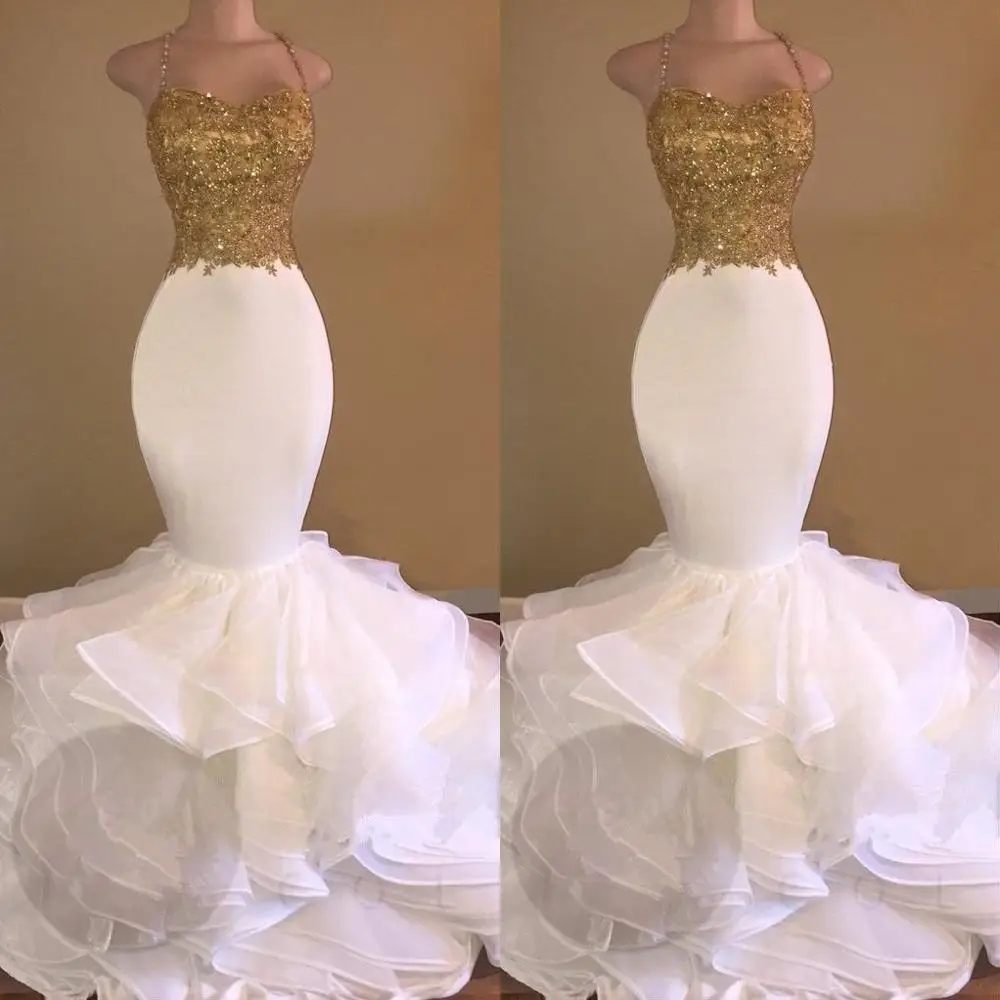 Платье Русалка на бретельках платье выпускного вечера с золотым кружевом |