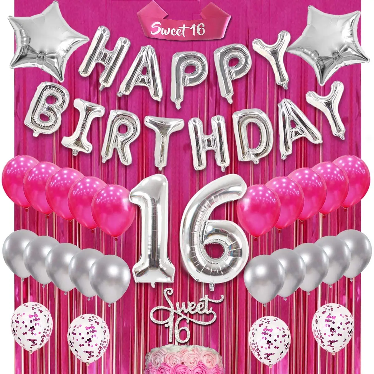 Decoraciones para fiesta de cumplea&ntilde;os 16 para ni&ntilde;as, suministros para fiesta de cumplea&ntilde;os n&uacute;mero 16, globos, cortina, pancarta de feliz cumplea&ntilde;os-0