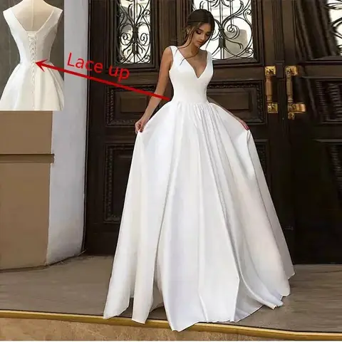 Sexy Satin V-neck Sleeveless Wedding Dresses свадебное платье Formal Wedding Bridal Gowns Vestidos De Novia Robe De Mariée