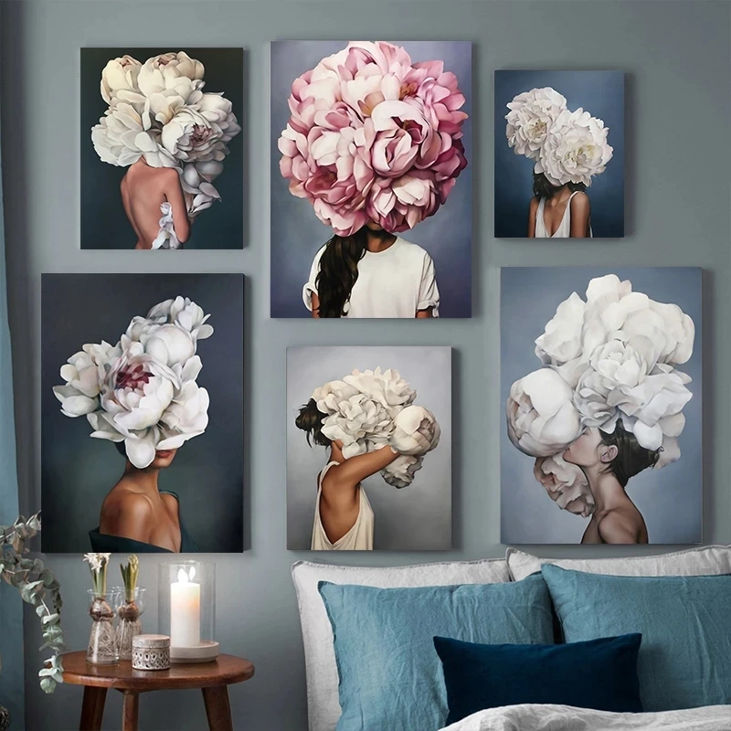 

Modern Woman Art Head Flower Canvas Painting Posters and Prints Wall Art for Living Room Home Decor