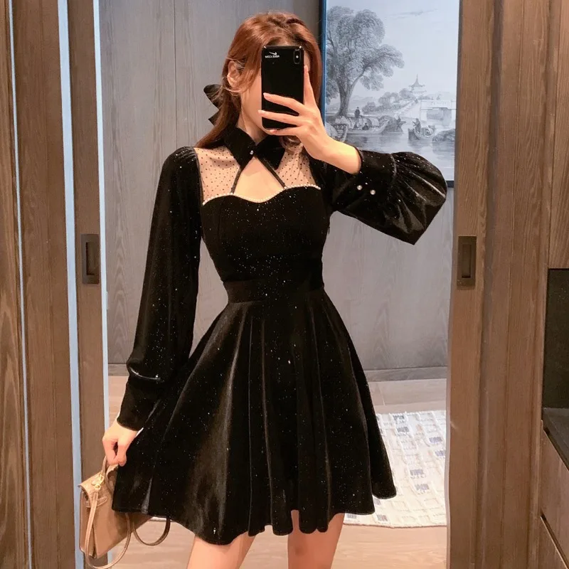 

Vintage Female Stand Collar Lantern Sleeve Sequins Velvet with Mesh A-line Dresses Women's Beading Elegant Dress Winter 2022 New