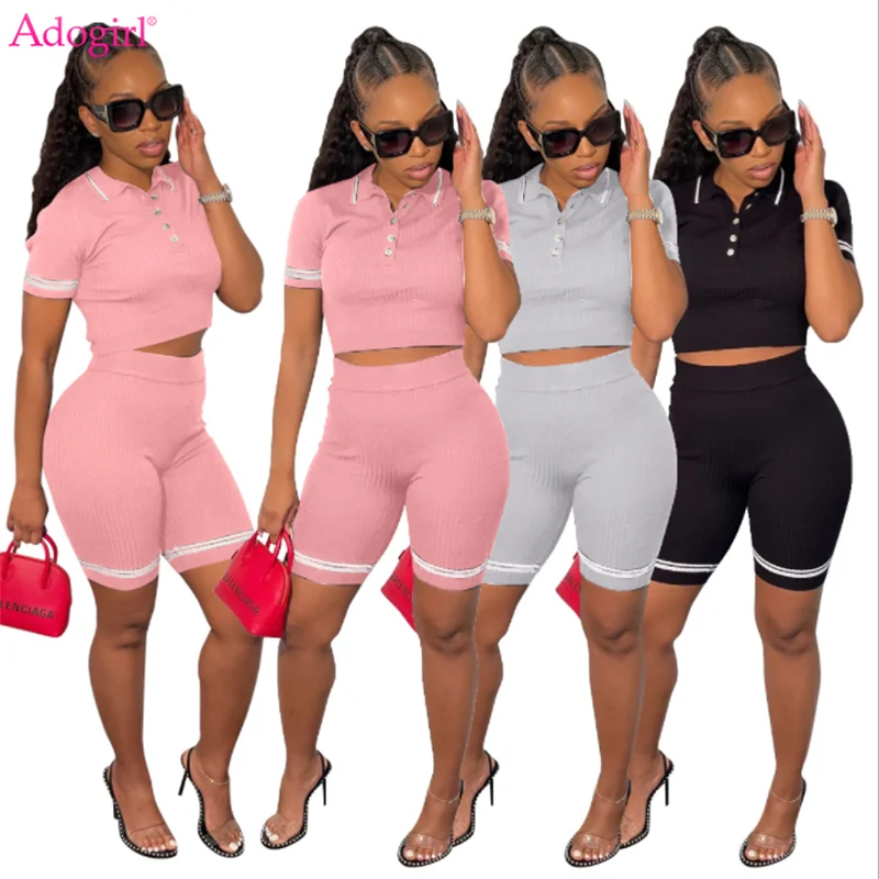 

Adogirl Women Striped Ribbed Tracksuit Casual Sport Two Piece Set Turn Down Collar Short Sleeve Shirt Crop Top Shorts Sportswear