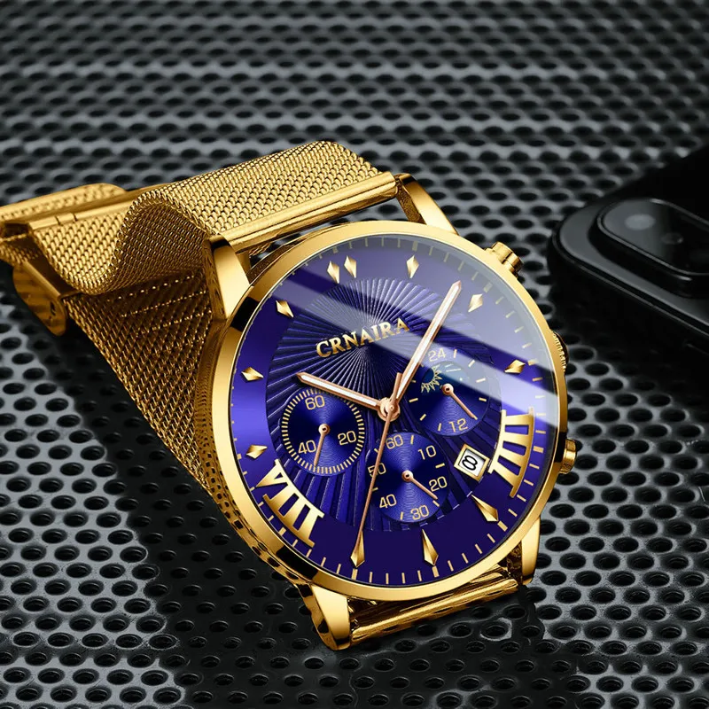 

New Blue Mirror Men Watch Luxury Gold Stainless Steel Mesh Strap Butterfly Buckle Watches Waterproof Quartz Watch Birthday Gift