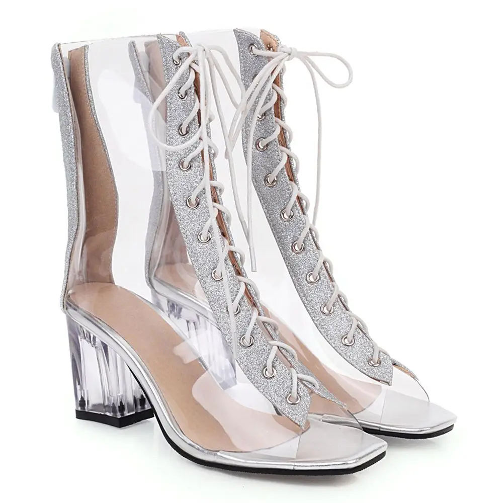 2021 Summer Peep toe Boots Women's shoes Sandals New Sexy Sliver Fashion Chunky heels Ladylike Black Transparent Party shoes