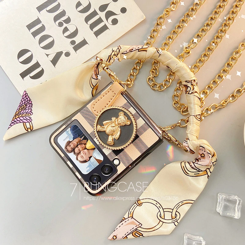 fashion silk scarf hand chain bear holder phone case for samsung galaxy z flip 3 cover free global shipping