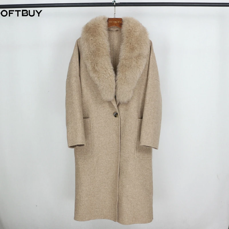 OFTBUY пальто с натуральным мехом зимняя куртка для женщин с воротником из натурального Лисьего меха кашемировая шерсть длинная верхняя одежда с одной пуговицей для дам