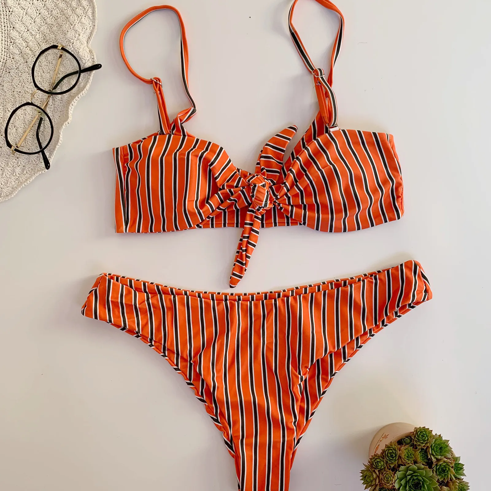 

Bikinis Set Women Striped Sexy Front Side Bow Tie High Waist Split Swimsuit Bikini Push Up Backless Bathing Suit Biquini