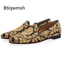 gold handmade embroidered shoes man round toe flower flats loafer shoes mail slip on luxury wedding shoes men