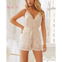 pink prom dresses 2022 iridescent sequin wrap plunge cami strap playsuit deep v neck formal party gowns short mini pants
