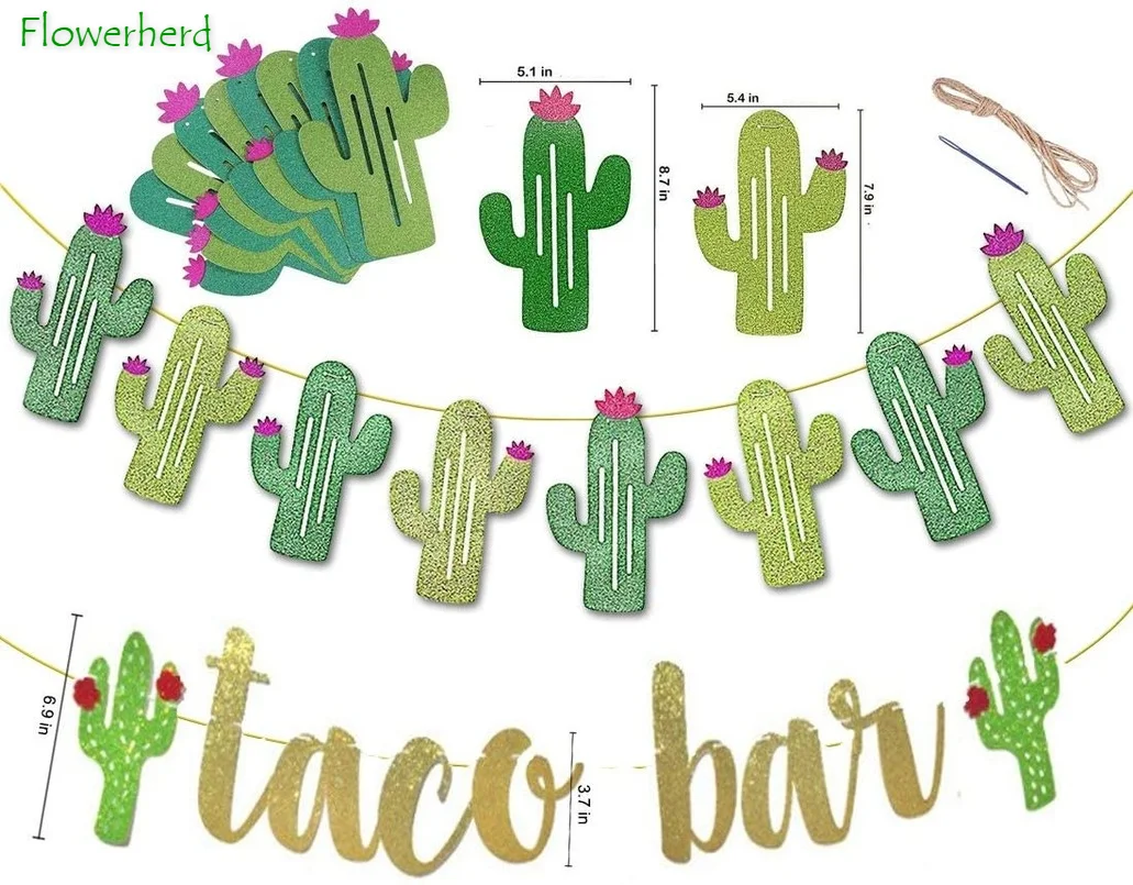 2 комплекта Fiesta Taco Bar баннер С КАКТУСОМ гирлянда цвет золотой зеленый Блестящие