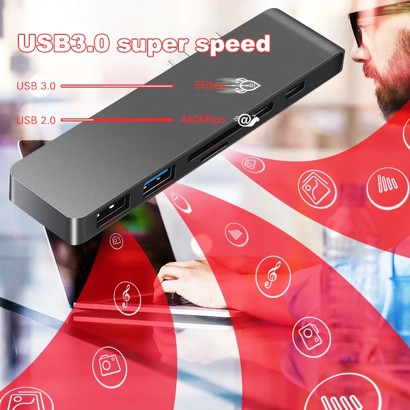 Lungfish USB C концентратор 6 в 1 type Thunderbolt 3 адаптер док ключ PD 0 SD TF кард ридер для MacBook Pro