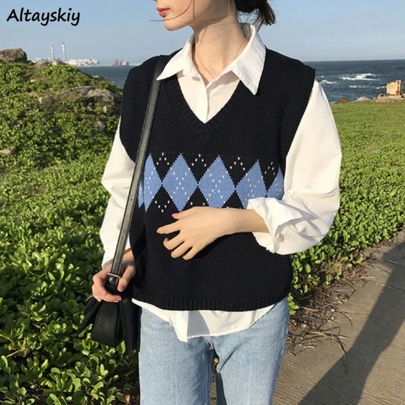 

Sweater Vests Women Argyle V-neck Sleeveless Knitted Preppy Students All-match Casual Pullover Korean Style Ulzzang Leisure Chic