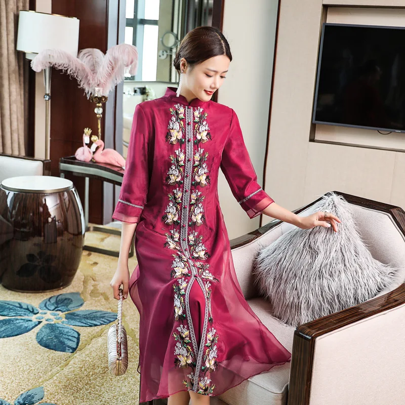 Китайская традиционная вышивка шифоновое платье Ципао | Тематическая одежда и