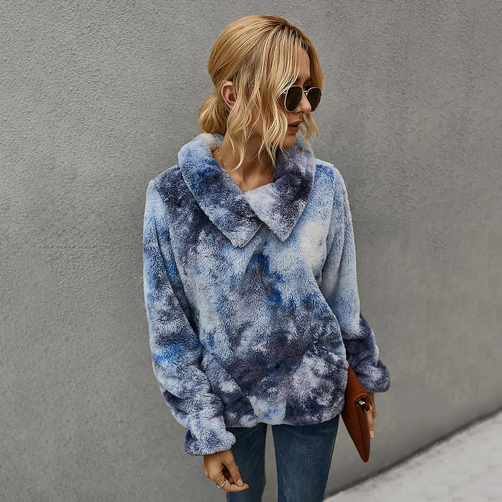 

Women Tie-Dye Plush Hoodies Pop Autumn Winter Zip Lapel Soft Warm Pullover Sweatshirt Ladies Fashion Casual Loose Pocket Outwear