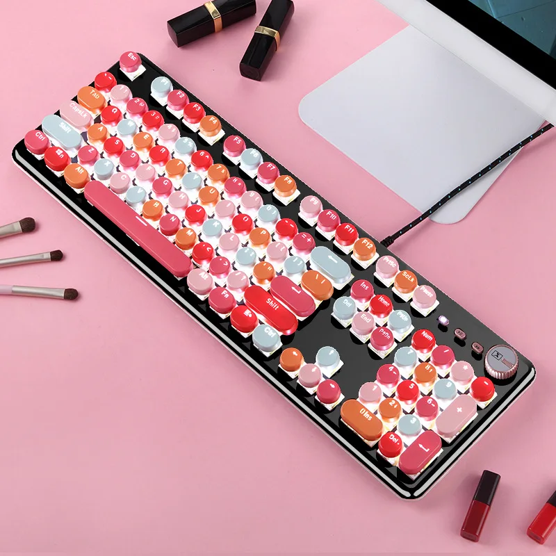 

Mixed Color Pink Red K520 Gaming Mechanical Keyboard with Green Switch Lipstick Punk Retro Keycaps for Notebook Laptop Desktop
