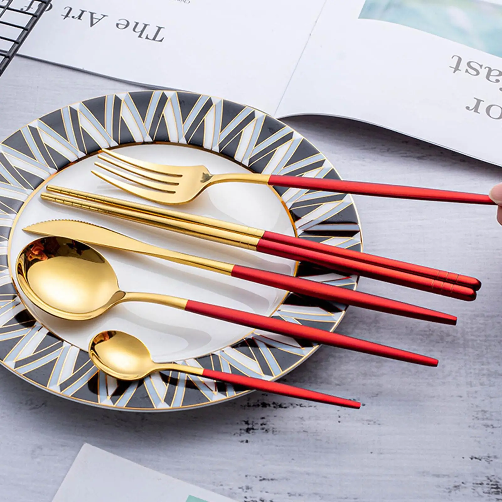 5Pcs Tableware Set Cutlery Stainless Steel Dinner Dessert Chopsticks Knife Fork Spoon Dinnerware Flatware ложки вилки набор | Дом