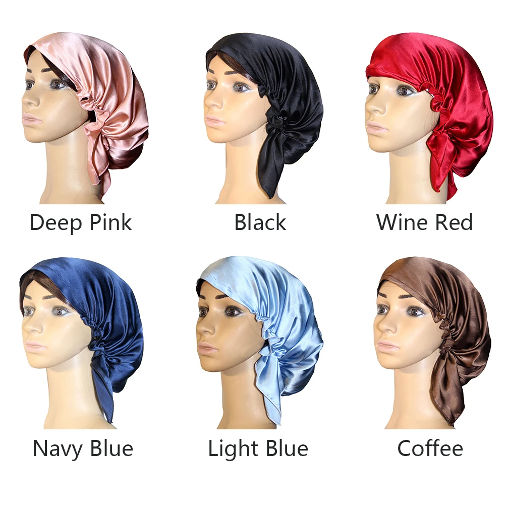 

Women Sleeping Hat Home Silk Adjustable Bonnet Hair Care Night Cap Wrap Satin