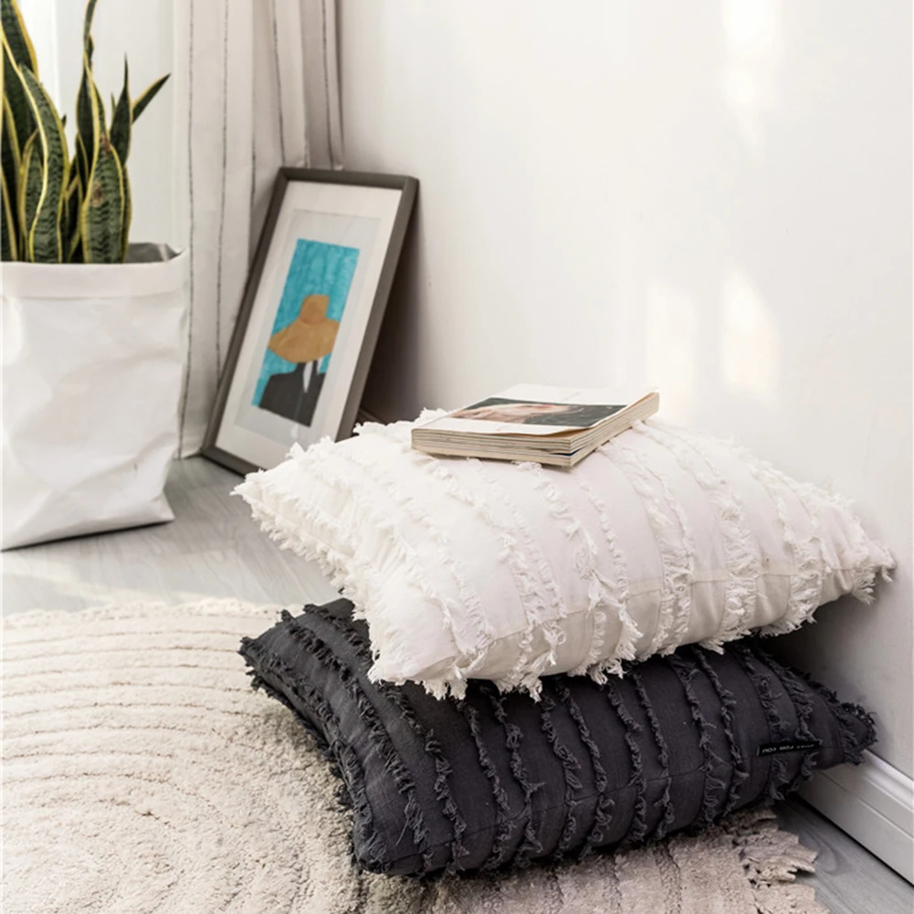 

Cushion Cover Solid Color Floral Tassels Square Pillowcase Soft Warm Pillow Covers Home Decor for Car Office Sofa Chair 45x45cm