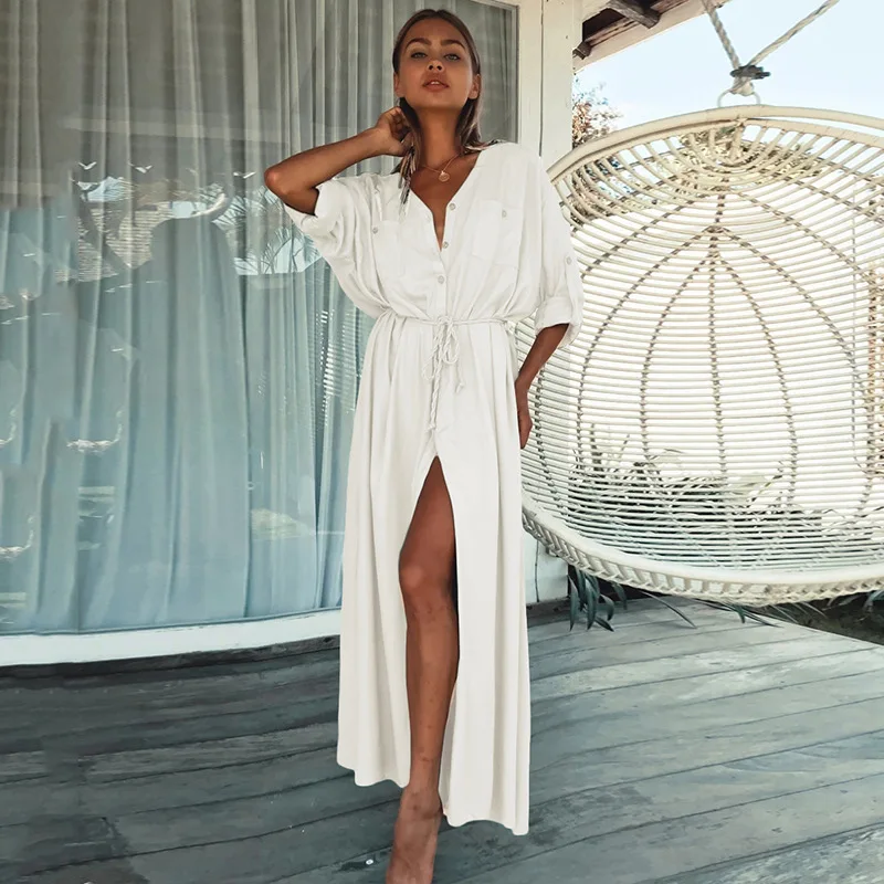 

European And American New Style White Buttoned Long Skirt Cardigan Vacation Beach Coat Sun Protection Clothing Long Skirt Bikini