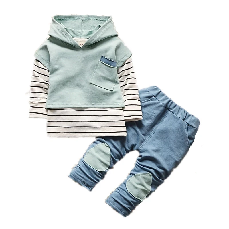 

Children's Clothing 2021 New Spring Fall Striped Hooded Sweater Denim Patch Pants 2PCS Korean Leisure Sports Jogging Suit