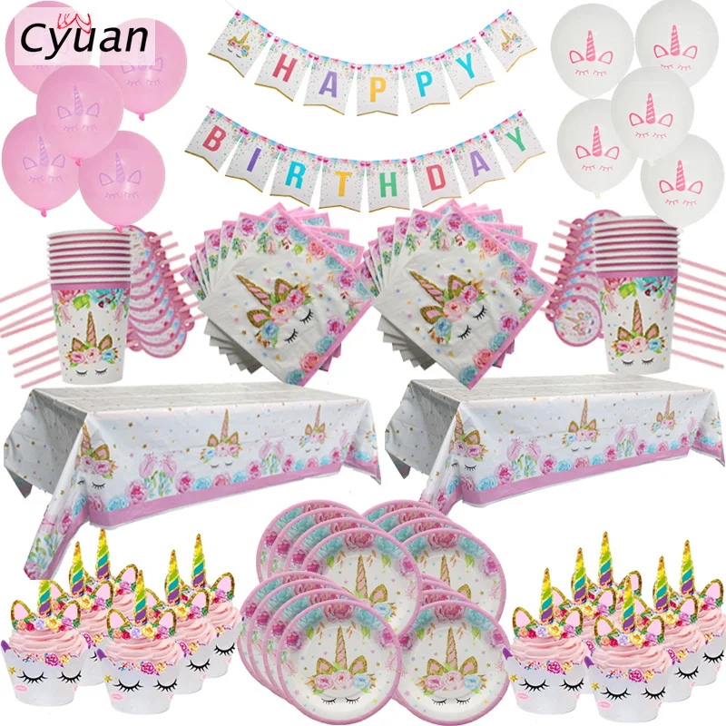 

Cyuan Unicorn Party Decor Unicorn Birthday Paper Plate Cup Backdrop Pompoms Cake Toppers Kids Happy Birthday Party Supplies