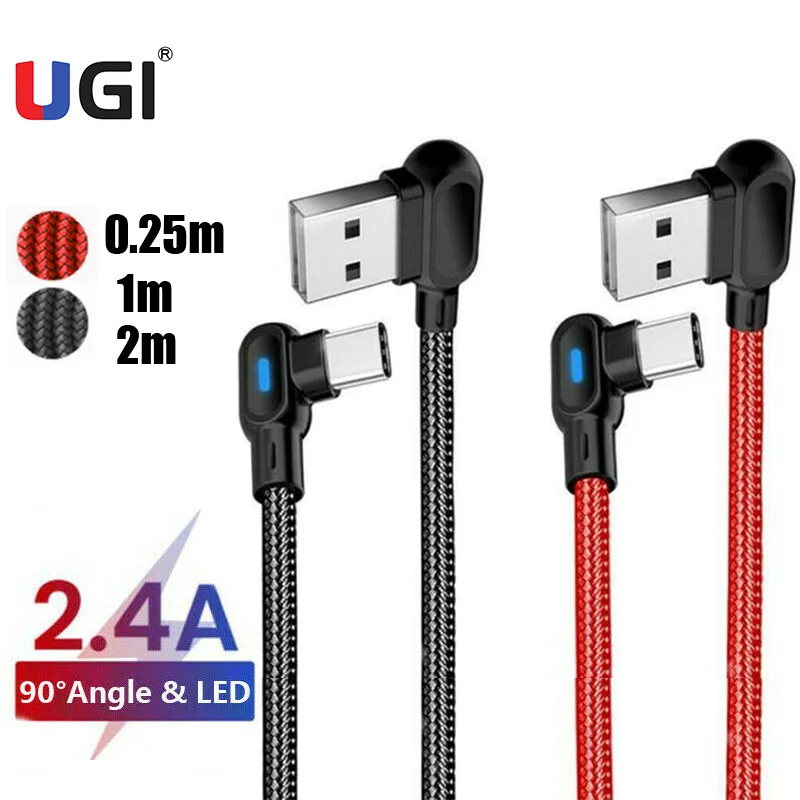 

UGI 1M 2M 90 Degree 2.4A Fast Charging Cable Charge Micro USB Type C USB C For Tablet Data Sync Transfer L Shape For Xiaomi HTC