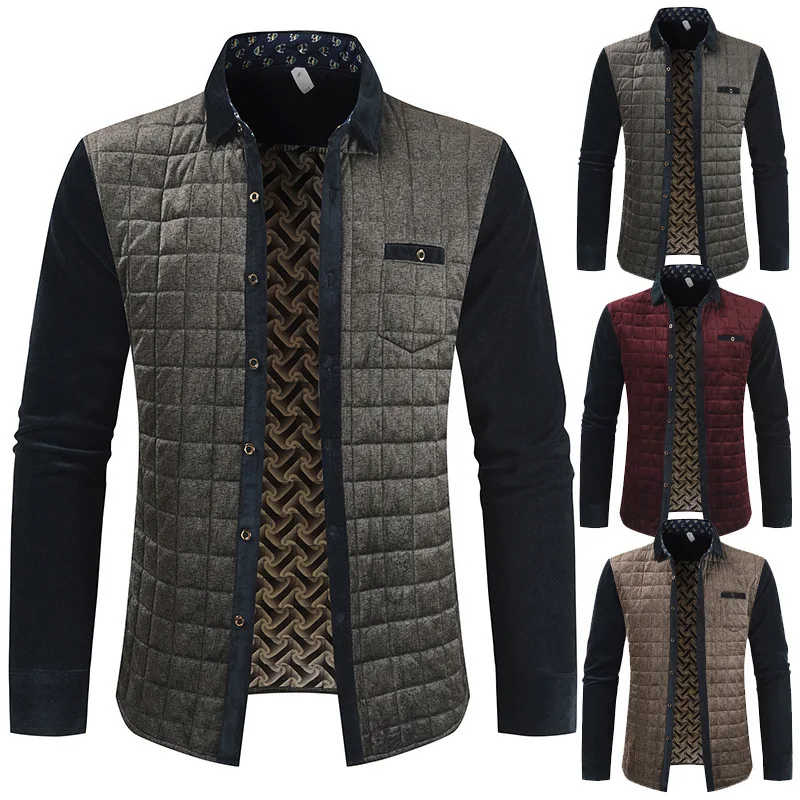 

2020 new spring and autumn plus velvet casual middle-aged men's jacket color matching checkered men's jacket