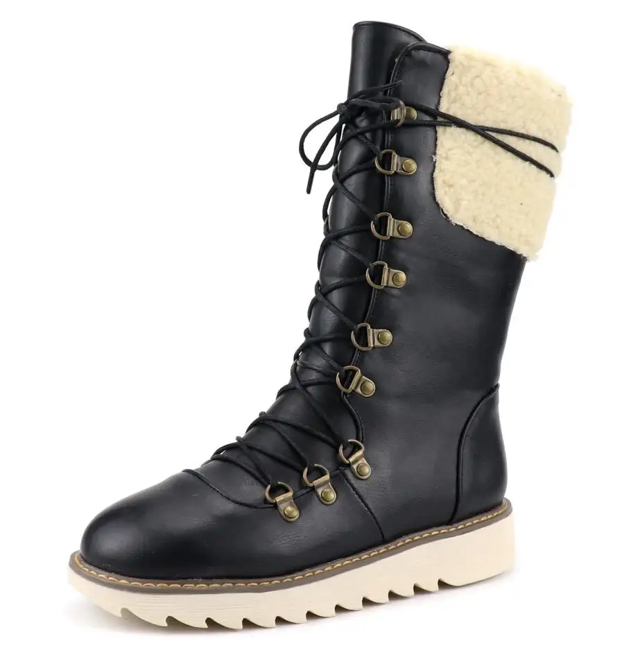New Warm Winter Boots Women Fashion Lace-Up PU Leather Women Boots Non-slip Comfort Plush Warm Waterproof Snow Boots g678 - Color: Black