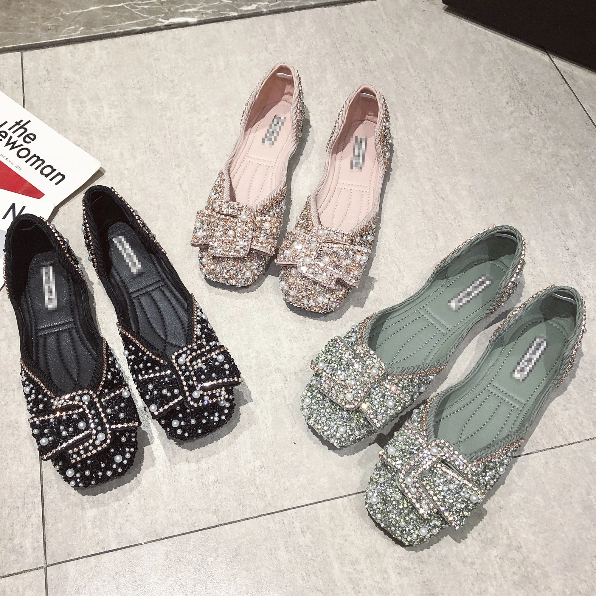 Женская обувь с украшениями в виде кристаллов алмаза черный розовый кожаные