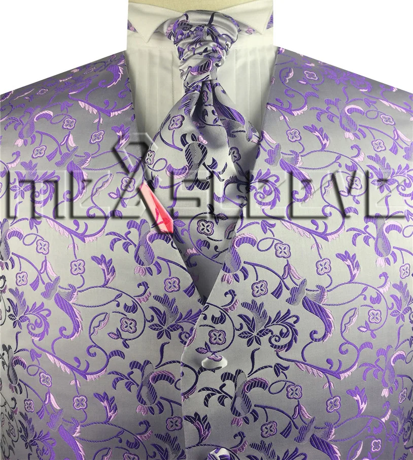 free shipping man's flower tailored tuxedo waistcoat set(vest+ascot tie+handkerchief - Цвет: purple 2