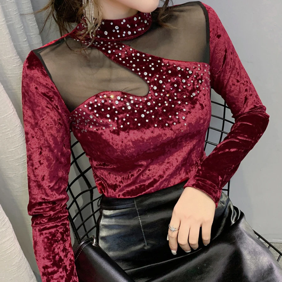 Осень зима 2019 новый дизайн Корейская рубашка с длинным рукавом и бриллиантами