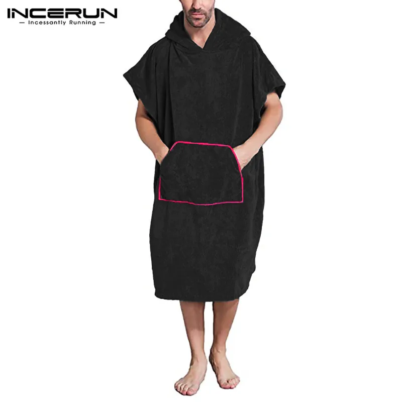 

INCERUN Men Bathrobes Solid Color Hooded Short Sleeve Loose Robes Leisure Pockets Homewear Soft Men Towel Poncho Nightgown S-5XL