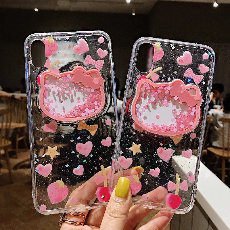 Роскошный чехол Hello kitty для iPhone 11 Pro Max X XS XR MAX 6 6S 7 8 7Plus 8Plus 6Plus с жидким блестками и