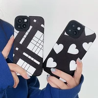 ekoneda pu cute black grid check hearts case for iphone 11 12 13 pro xs max xr x 7 8 plus women silicone protective cover cases