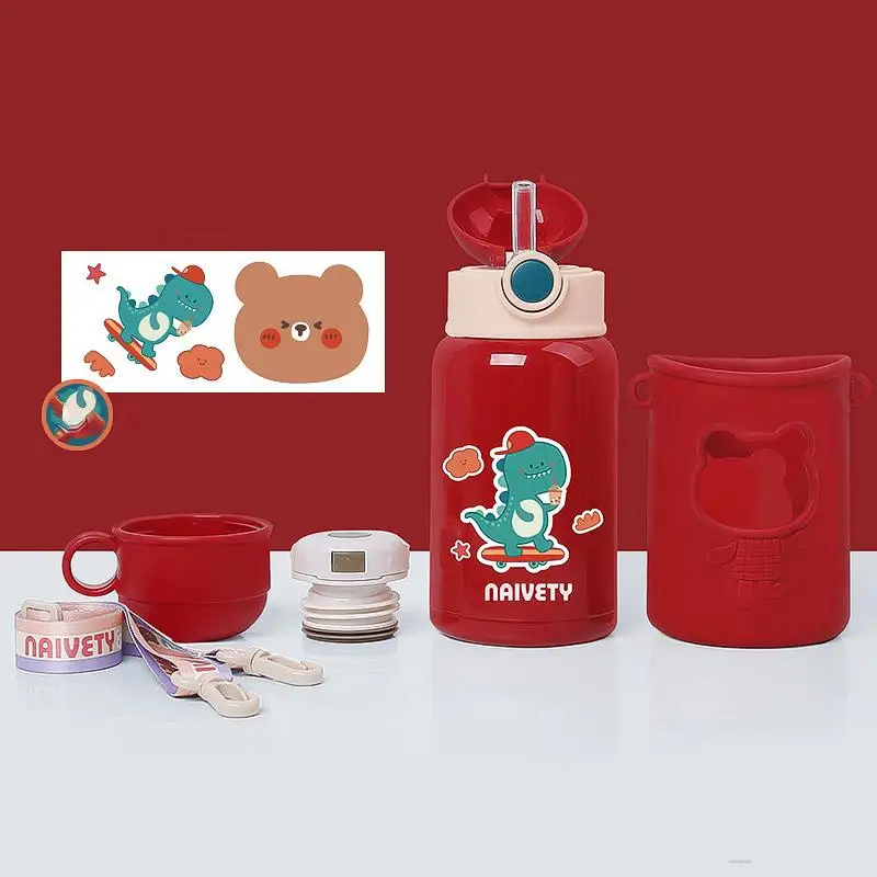 

New2021 New Children's Cute Thickened Silicone Thermos Mug Creative Cartoon Sticker Portable Messenger Hanging Rope Water Bottle
