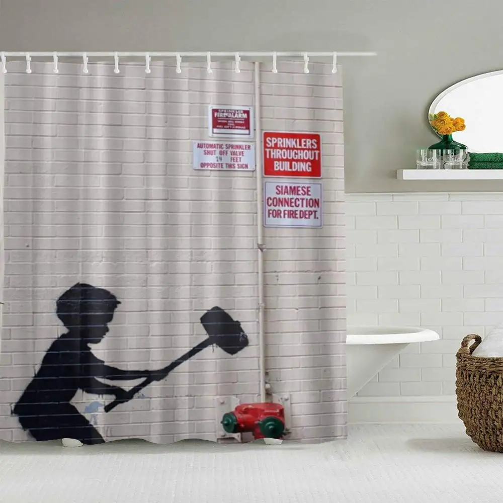 

Polyester Fabric Shower Curtain Set with 12 Plastic Hooks Decorative Bath Curtains,Banksy Graffiti Art Hammer Boy Style