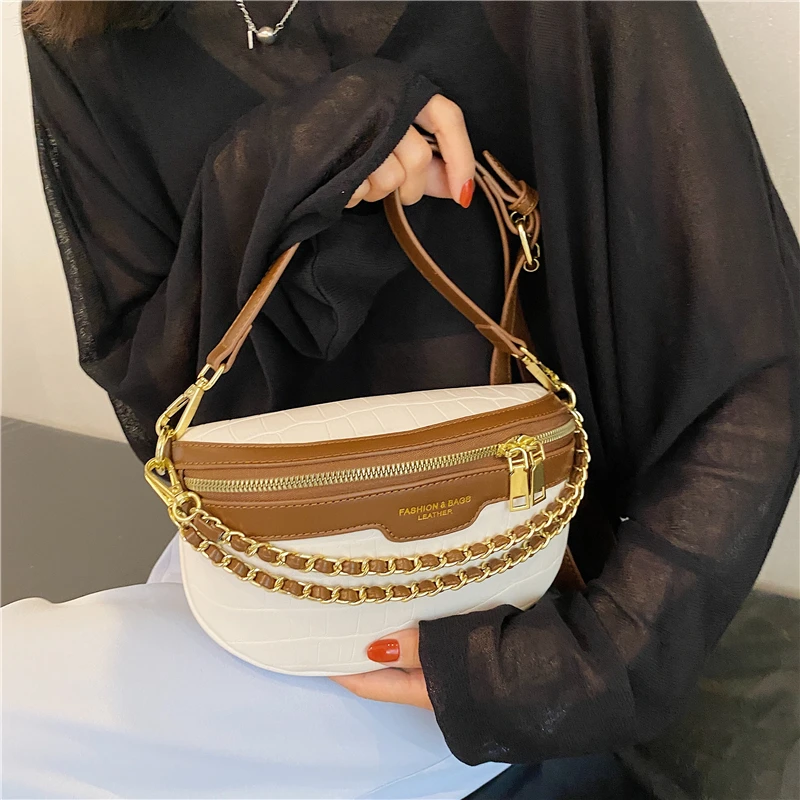 

2021 Winter Stone Pattern Retro Small Chain Women's Fanny Pack PU Leather Crossbody Chest Bags Luxury Handbags Female Belt Bag