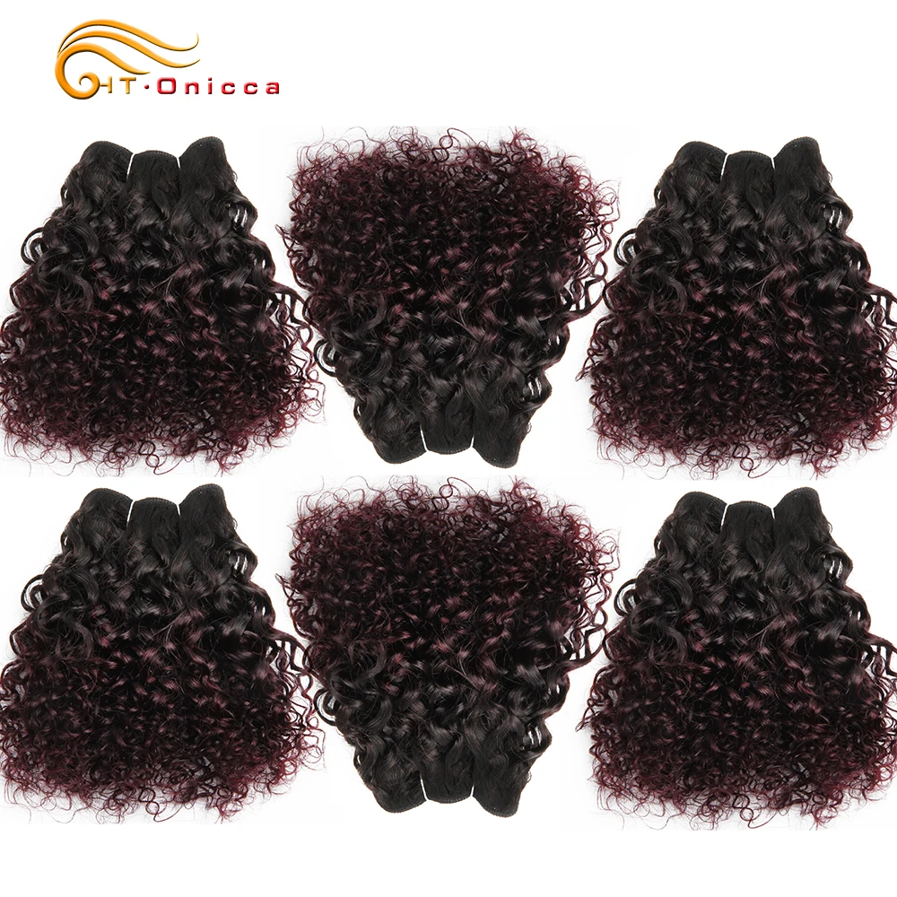 

6Pcs/Lot Peruvian Curly Bundles Jerry Curl Double Drawn Human Hair Remy Funmi Hair T1B 30 99J Colored Hair Extension Htonicca