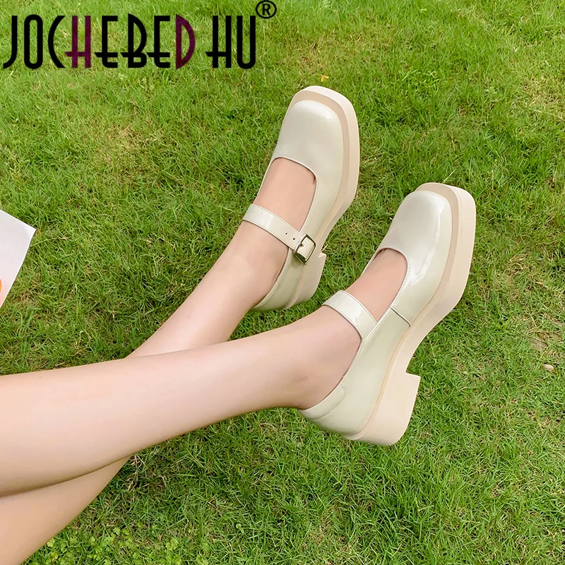 

【JOCHEBED HU】Women Pumps Shoes Thick High Heels Waterproof Platform Mary Janes Patent Leather Classics Dress Square Toe Buckle