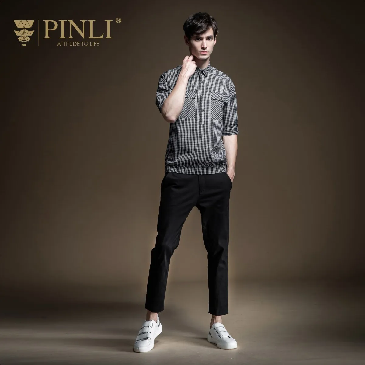 Рубашка Pinli B202913499 мужская с коротким рукавом хлопок приталенная в клетку рукав до
