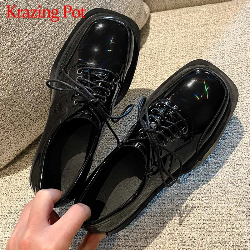 

Krazing Pot new preppy style patent leather cross-tied high quality square toe thick med heel lace up daily wear women pumps L19