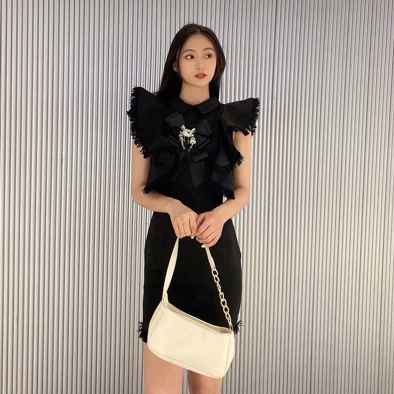 

Fashion Design Socialite Dress Women's Elegant Ruffle Fringed Sheath Dress Rhinestone Stand Collar Flying Sleeves Short Dress