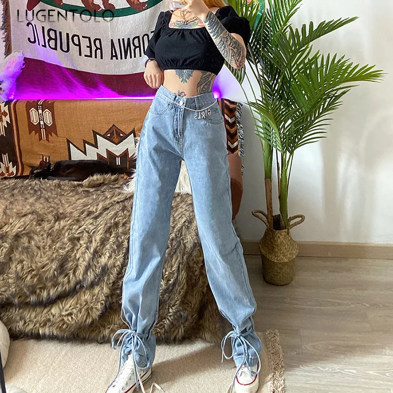 

Lugentolo Women's New Jeans High-Waist Summer Slim-Looking Lace-up Casual All-match Denim Trousers Female Loose Simple Jeans