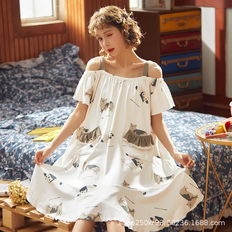 

Cartoon panda Nightgowns Loose Soft Sleepwear Sweet Sexy Nightwear Large Size Nightdress Comfortable Cotton Home Clothes XXXL