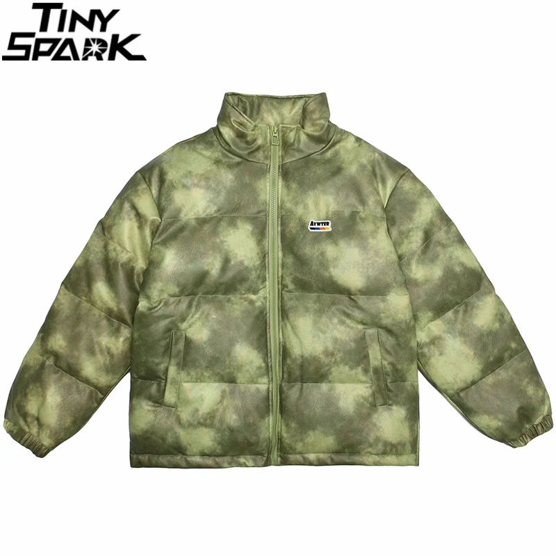 

2021 Men Hip Hop Streetwear Parka Jacket Tie Dye PU Leather Padded Jacket Coat Harajuku Cotton Winter Jacket Outwear Warm Green