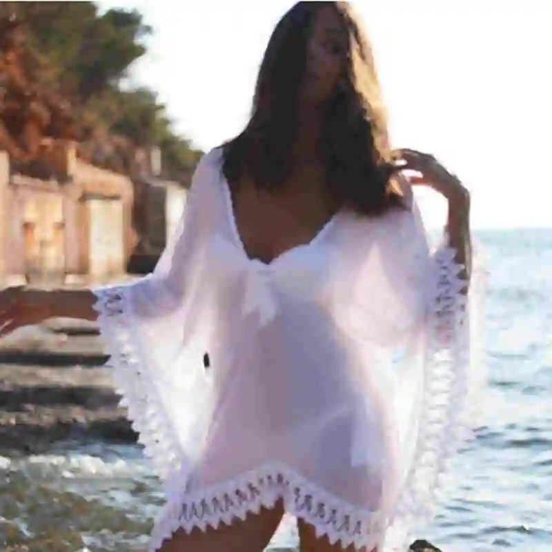 Женская Пляжная накидка однотонная белая пляжная туника с длинным рукавом