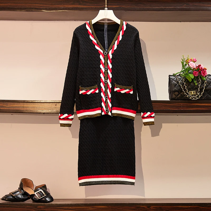 

Fragrant 2 Piece Sets Womens Outfits Knitted Sweater Two Piece Set Top And Skirt Contrast Women's Sweater Cardigan Clothes