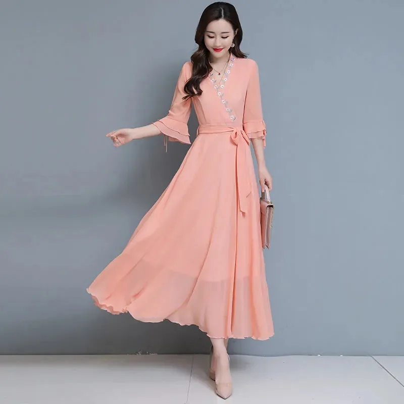 

Spring summer New Female Dress Women Retro Embroidered Chiffon Dresses Middle length Slim V-neck Dress Ladies Dresses Vestidos
